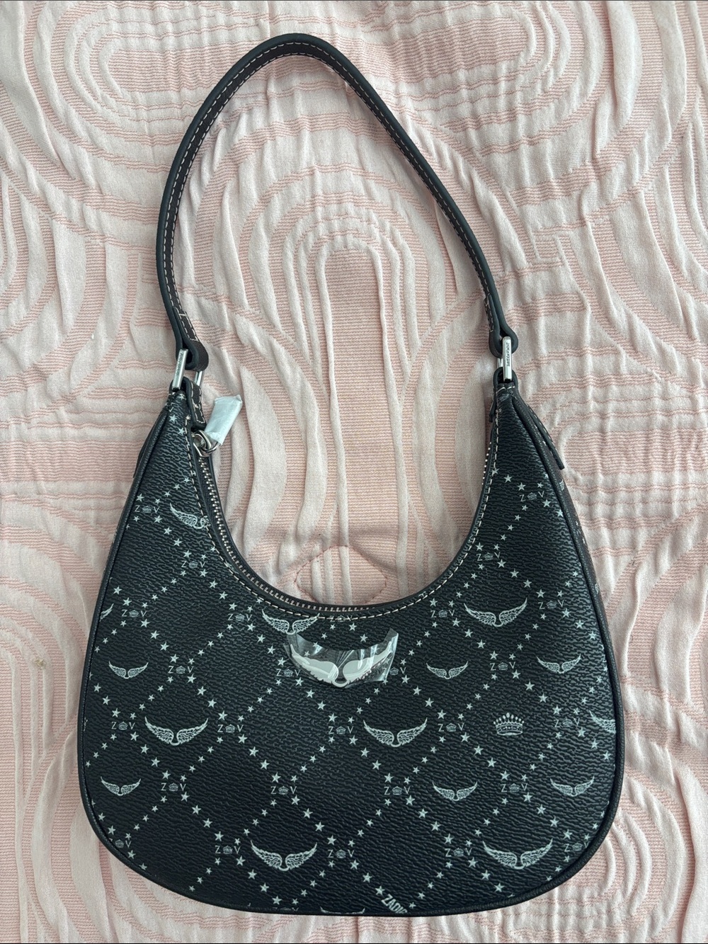 Zadig & Voltaire Black Crescent Shoulder Bag with Silver Accent Pattern